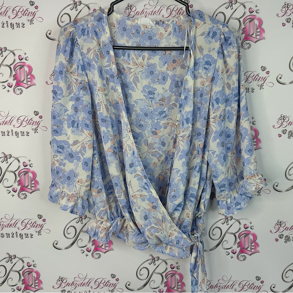 Sienna Sky blouse ruffle wrap up flowers Floral Wrap Blouse - Blue and Cream